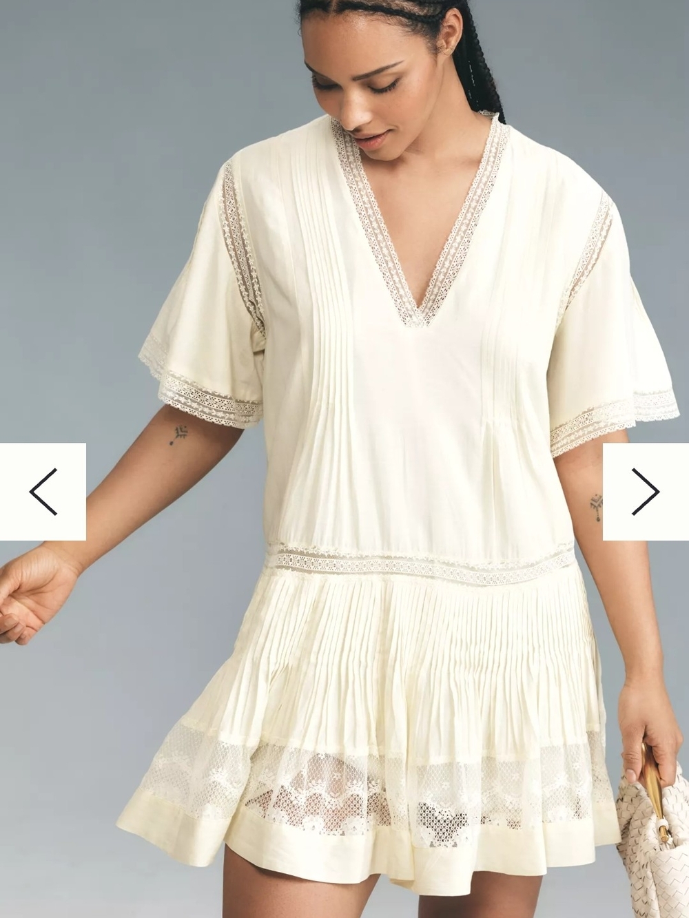 Maeve Short Sleeve Pale Yellow Cotton V-Neck Pintuck Swing Tunic Dress Page Sz L - Picture 7 of 15